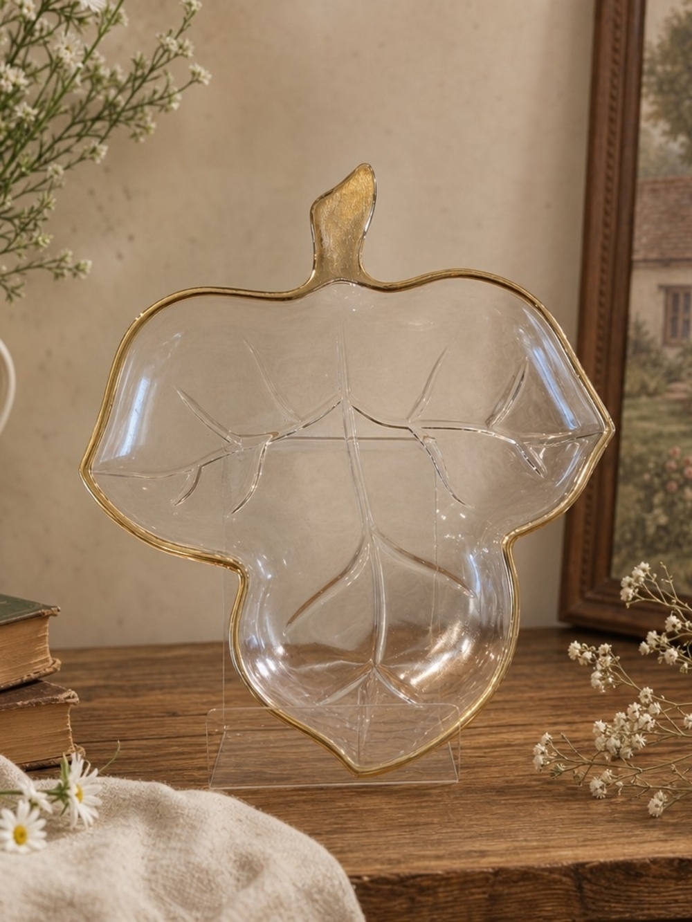 Glass Leaf-Shaped Serving Tray with Gold Trim